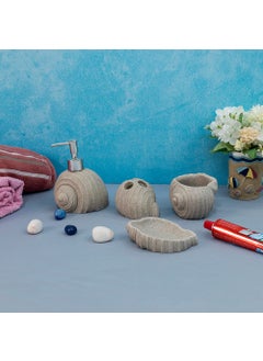 EZ Life EZ Life Seramica Luxury Resin Stoneware 4 Piece Bathroom Set - Gray Sea Shells - Bathroom Accessory Sets, Natural, Soap Dispenser, Tumbler Glass, Toothbrush Holder, Soap Tray for Hotel, Home, Office  - Image 2