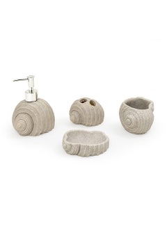 EZ Life EZ Life Seramica Luxury Resin Stoneware 4 Piece Bathroom Set - Gray Sea Shells - Bathroom Accessory Sets, Natural, Soap Dispenser, Tumbler Glass, Toothbrush Holder, Soap Tray for Hotel, Home, Office  - Image 1
