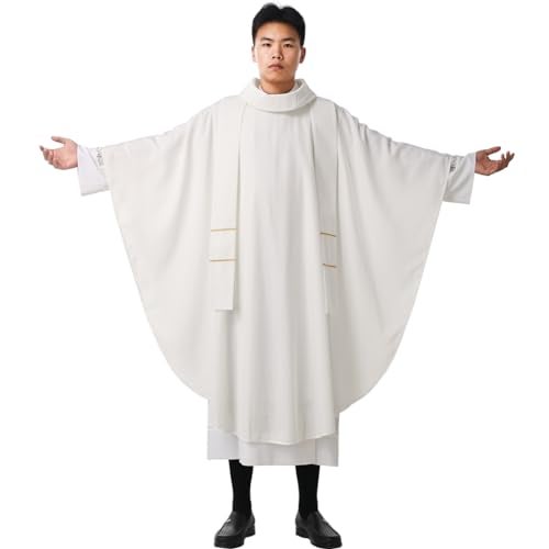 BLESSUME Church Priests Solid Chasuble Mass Vestments (White-Cowl Collar) - Image 1