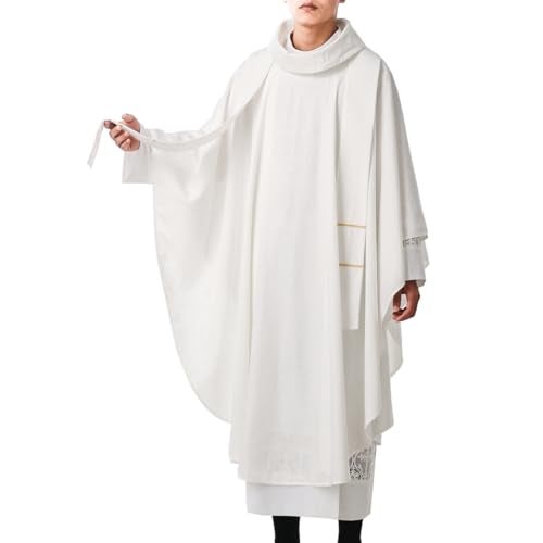BLESSUME Church Priests Solid Chasuble Mass Vestments (White-Cowl Collar) - Image 3