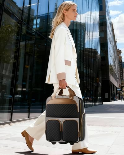 Arcoyard Underseat Carry On Luggage with Wheels, Multiple Compartments Airline Approved Personal Item Bag, Travel Carry-On with Leather Handle, Lightweight Rolling Suitcase for Women, Grey Brown - Image 2