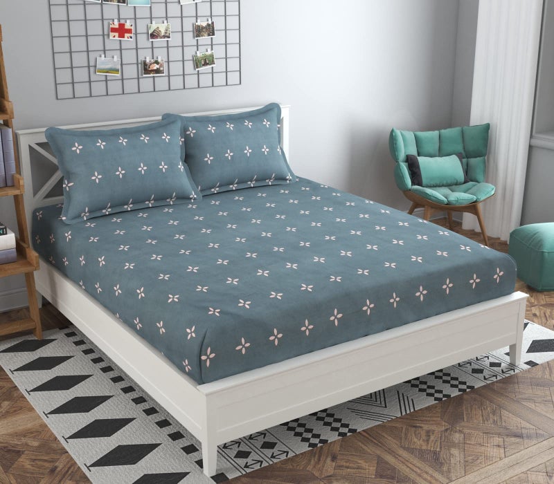 KAWI Presents Cotton Blend 200 TC Elastic Fitted Bedsheet Double Bed (72"X 78")-Grey Pink Flower Print - Image 1