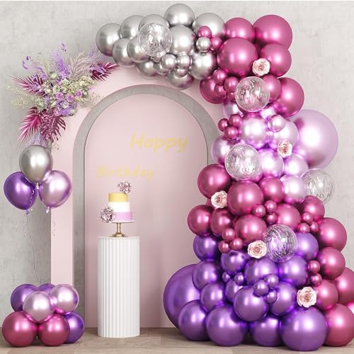 Flyloons 25 pcs Dark Pink Light Pink Purple Silver Metallic Chrome Balloons for Birthday Decoration items celebration Anniversary Girls Boys Men Women - Image 1
