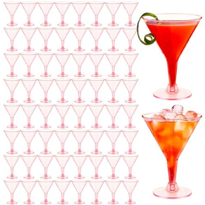 50 Pack Plastic Martini Glasses,7 oz Clear Disposable Cocktail Cups,Reusable Tall Stemmed Wine Shooter Glasses for Party Wine,Champagne,Margarita(Pink)