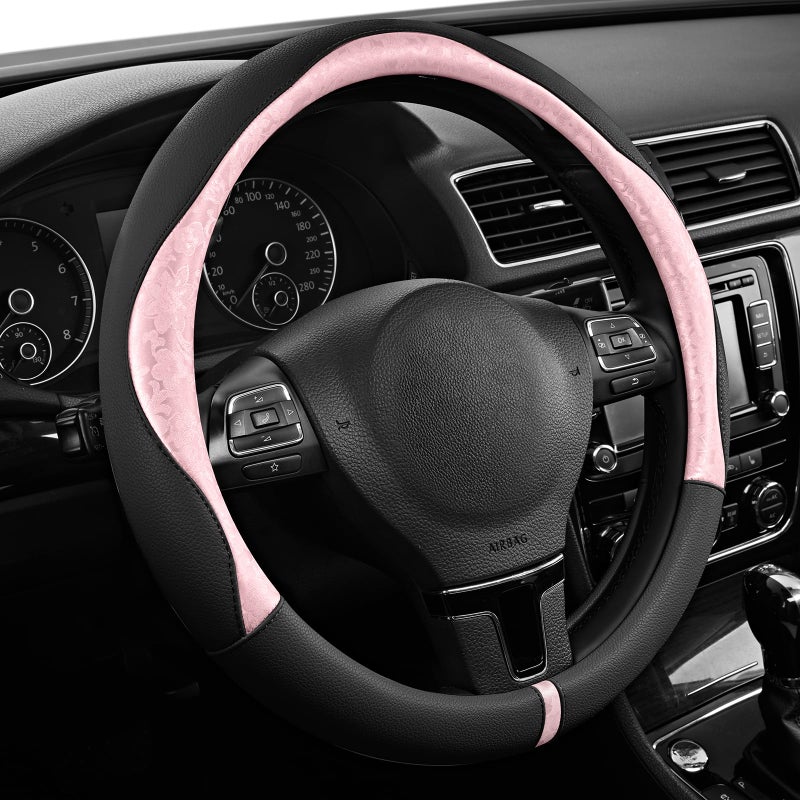 PIC AUTO Steering Wheel Cover, Pink Patterned & Black Leather Patchwork Design, Universal Fit 14.5"â€“15.5", Anti-Slip, Odor-Free, Soft PU Grain Leather, Durable Grip Car Accessory for Girls & Women - Image 2