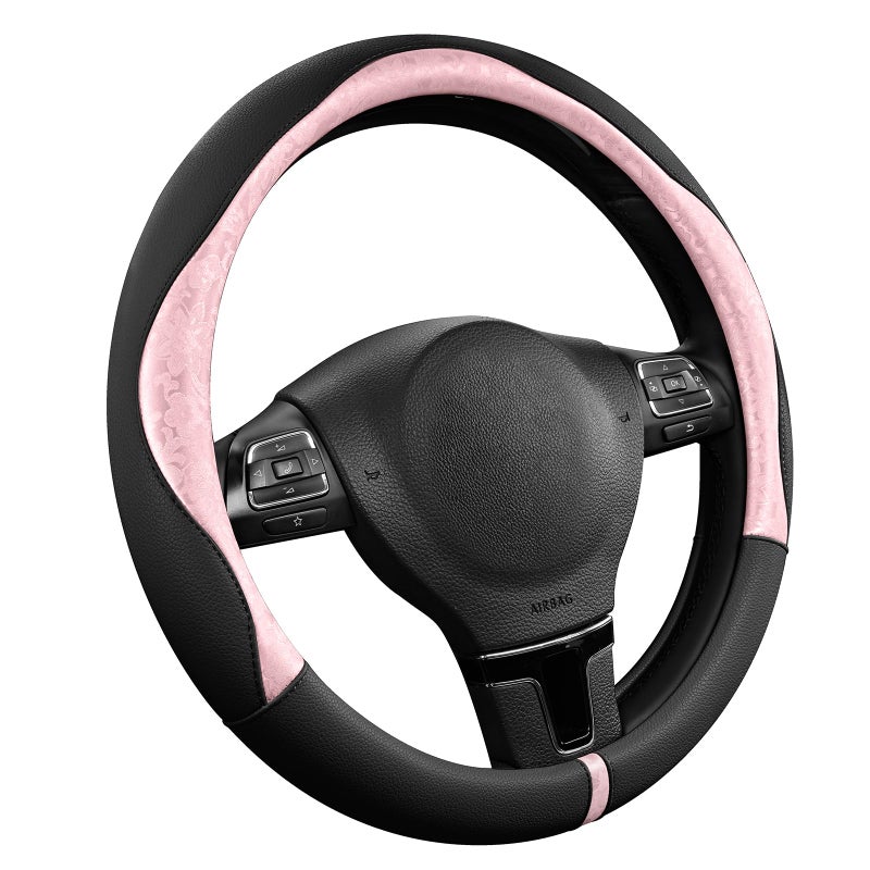 PIC AUTO Steering Wheel Cover, Pink Patterned & Black Leather Patchwork Design, Universal Fit 14.5"â€“15.5", Anti-Slip, Odor-Free, Soft PU Grain Leather, Durable Grip Car Accessory for Girls & Women - Image 1