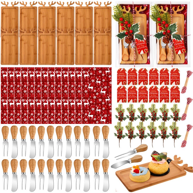 LemonRoad 12 Set Christmas Cutting Board Gift Christmas Reindeer Cutting Board with Knives Forks Kitchen Towels Merry Gift Tags Charcuterie Boards Bamboo Serving Tray for Xmas Birthday Party Favors - Image 2