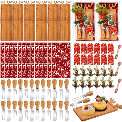 LemonRoad 12 Set Christmas Cutting Board Gift Christmas Reindeer Cutting Board with Knives Forks Kitchen Towels Merry Gift Tags Charcuterie Boards Bamboo Serving Tray for Xmas Birthday Party Favors - Image 1