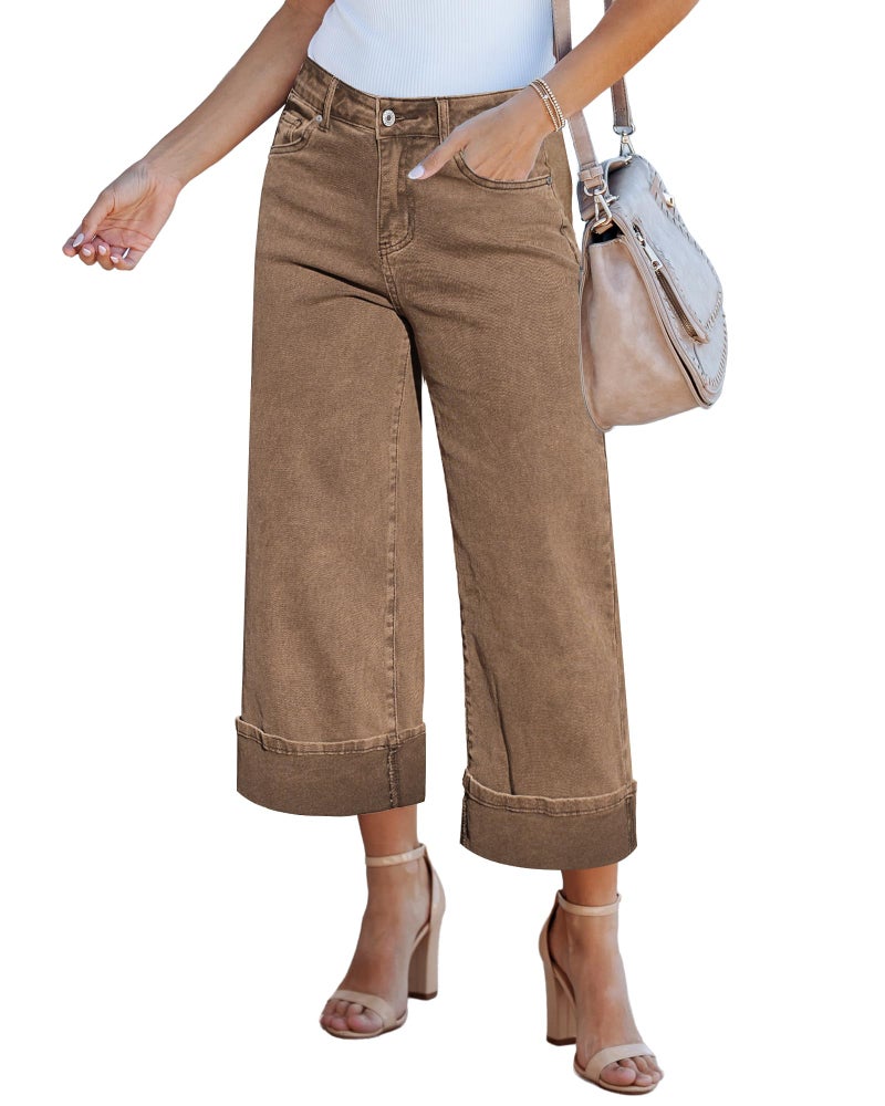 GRAPENT Fall Outfits Women Trendy Wide Leg Jeans Woman Capri Pants Slacks for Women Womens Trendy Fall Clothing High Waisted Wide Leg Jeans Womens Comfy Pants Color Coca Mocha Medium Size 8 Size 10 - Image 1