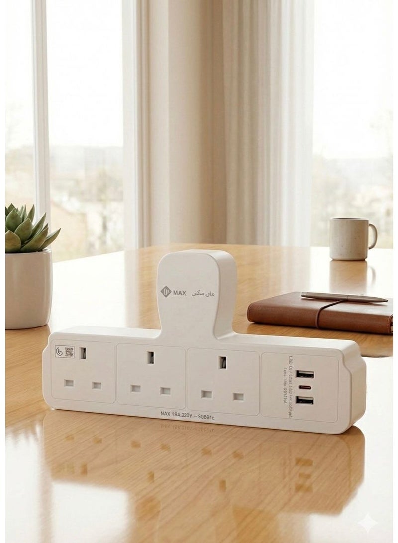 Max 6-in-1 Multi-Socket Power Strip Adapter, White Longitudinal Power Strip, Smart Extension, Wall Plug Adapter with USB and Type-C Ports, Fast Phone Charging, Compliant with Saudi SASO Specifications, 13 Amp British Triple Plug, Child Protection, Modern Power Distributor for Office and Home, Fire Resistant, Slim Space-Saving Design. - Image 1