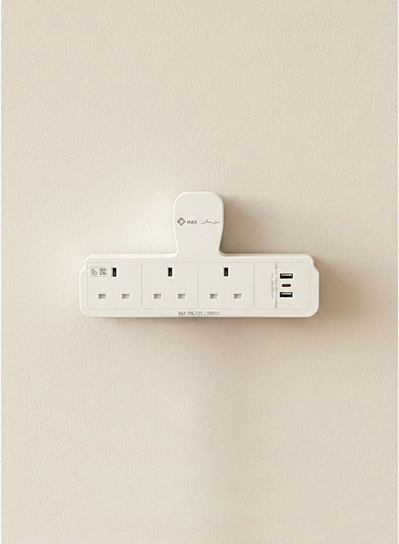 Max 6-in-1 Multi-Socket Power Strip Adapter, White Longitudinal Power Strip, Smart Extension, Wall Plug Adapter with USB and Type-C Ports, Fast Phone Charging, Compliant with Saudi SASO Specifications, 13 Amp British Triple Plug, Child Protection, Modern Power Distributor for Office and Home, Fire Resistant, Slim Space-Saving Design. - Image 3