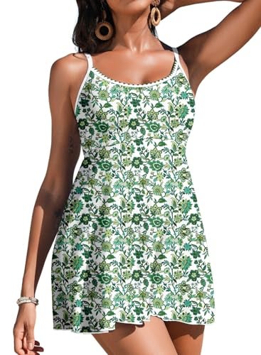 Aleumdr Women's One Piece Swimdress 2026 Vintage Swimsuit with Floral Printed Tummy Control Bathing Suits Push Up Swim Dresses with Pocket Green Medium - Image 1