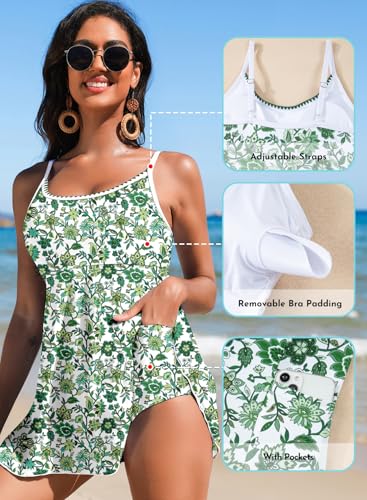 Aleumdr Women's One Piece Swimdress 2026 Vintage Swimsuit with Floral Printed Tummy Control Bathing Suits Push Up Swim Dresses with Pocket Green Medium - Image 5