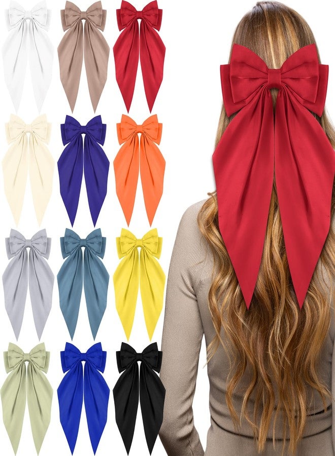 Hoteam 12 Pcs Silky Satin Oversized Hair Bows Bulk Big Hair Bows for Women Long Tail Large Bowknot Barrettes Hair Barrettes Clips Ribbon Bows Hair Accessories Gifts (Vibrant) - Image 1
