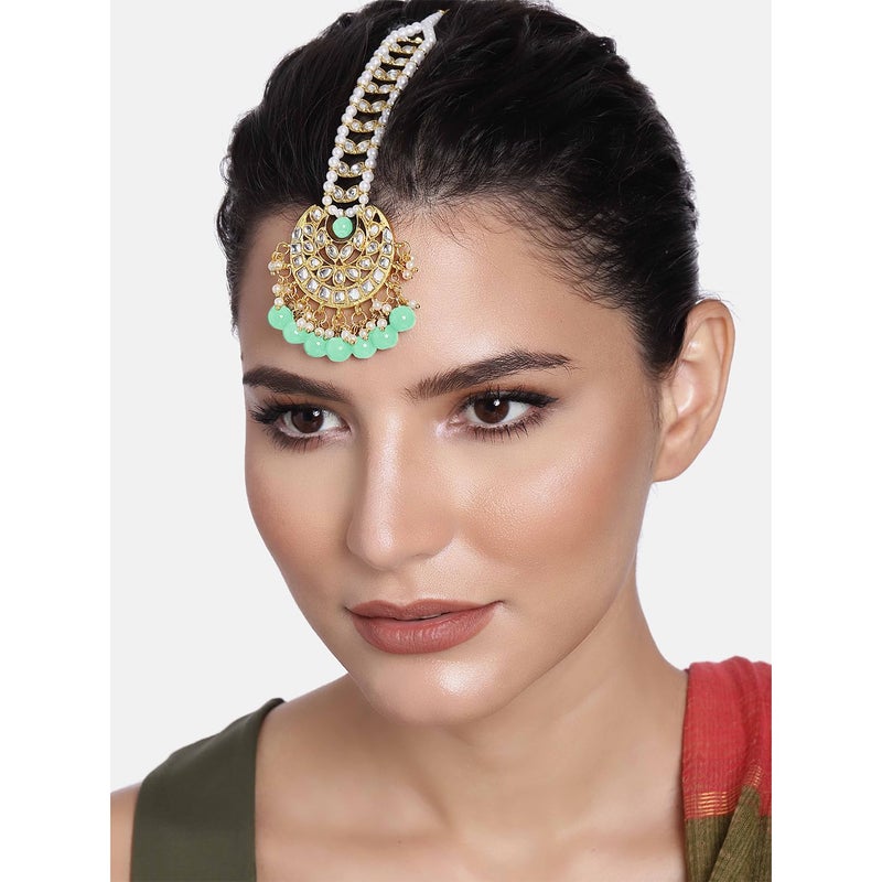 PEORA Gold Plated Kundan Faux Pearl Maang Tikka Matha Patti for Women - Image 3