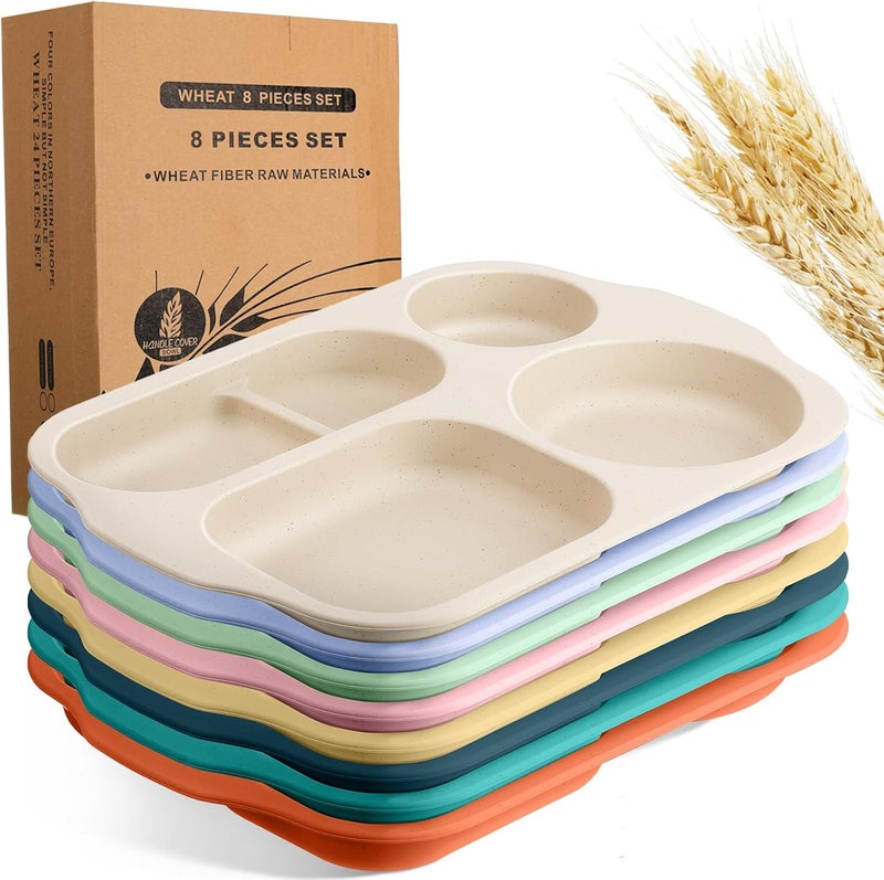 Vesici 8 Pcs Large 12 Inch Unbreakable Divided Plates for Kids Adults  Wheat Straw Tray  Microwave Dishwasher Safe  Reusable Plastic Compartment PlatesMulticolor - Image 1