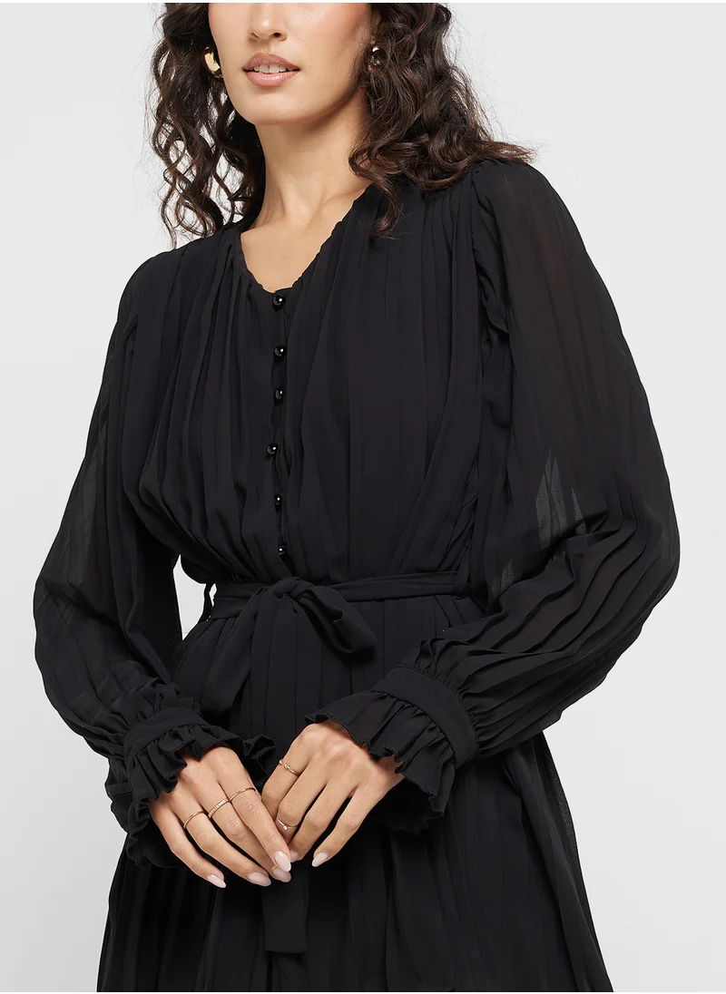 جينجر Pleated Button Up Belted Volume Dress