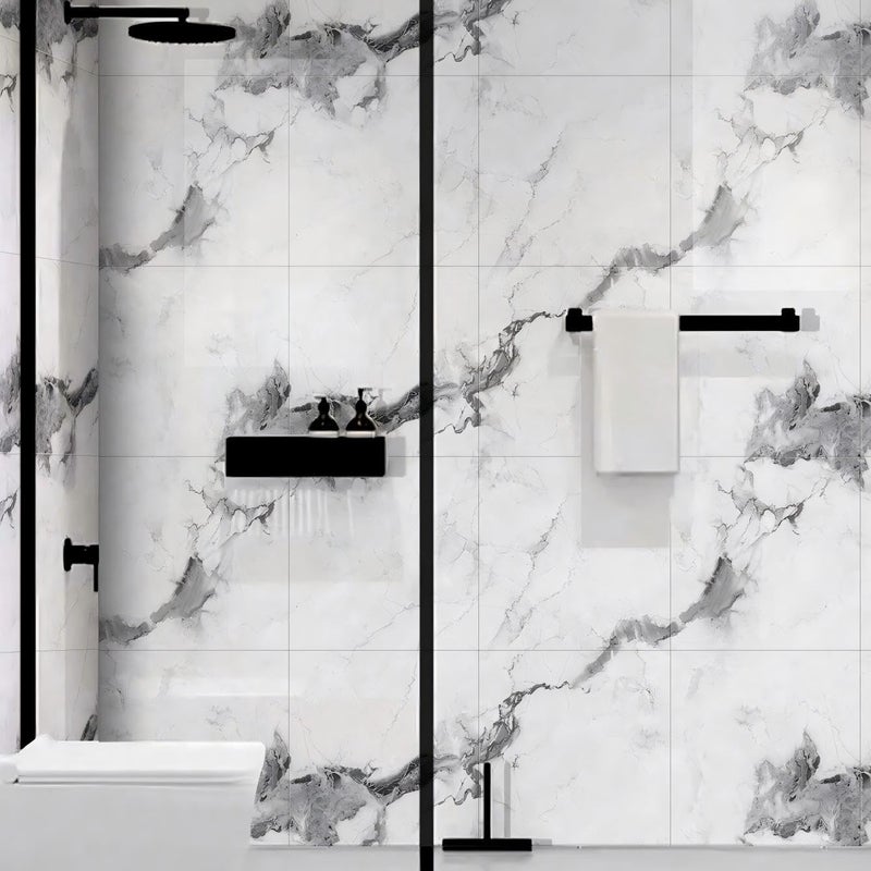 Chejiaye 10pcs Marble Peel and Stick Backsplash Waterproof Washroom Wall Panels, Peel and Stick Tile, PVC Foam Wall Panels for Kitchen,Bathroom,Living Room,White Grey(Not Real Tile,11.8" x 11.8") - Image 3