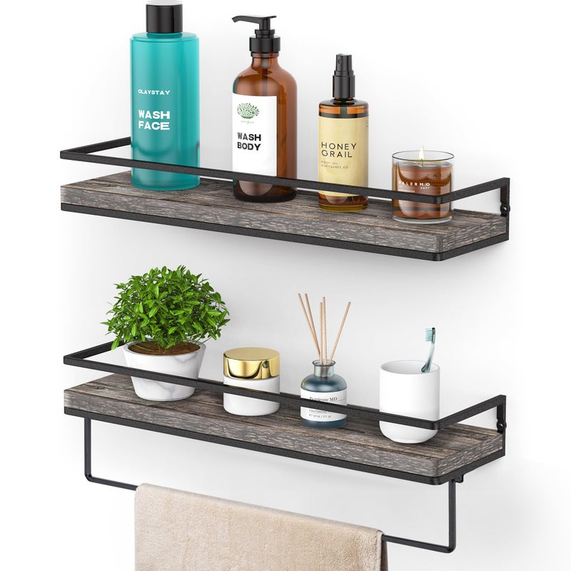 Meangood Floating Shelves Wall Mounted Set of 2, Wall Shelf with Towel Bar Rustic Wood Wall Storage Shelves for Bedroom,Living Room,Bathroom, Kitchen Pine - Image 1