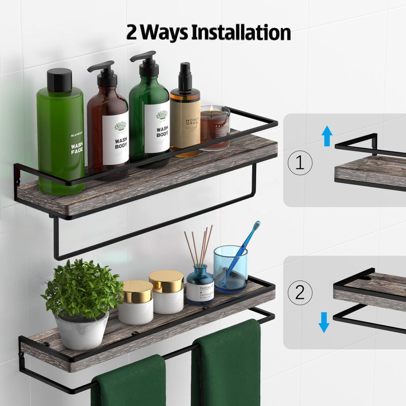 Meangood Floating Shelves Wall Mounted Set of 2, Wall Shelf with Towel Bar Rustic Wood Wall Storage Shelves for Bedroom,Living Room,Bathroom, Kitchen Pine - Image 3