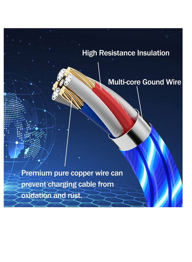 Excefore 3 in 1 Charging Cable, Multi Charging Cable LED Flowing Light Up Charger Cable, 3.0 Fast Phone Charger Data Transfer, Durable TPE Charging Cord, for iPhone, Type C and Micro USB Blue 6.6ft - Image 3