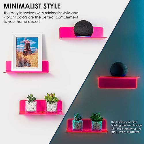 OAPRIRE Acrylic Floating Shelves Set of 2 - Easily Expand Wall Space - Small Wall Shelf with Strong Adhesive for Bedroom, Kids' Room, Bathroom, etc (Fluorescent Pink) - Image 3