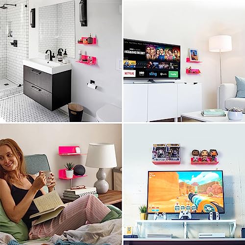 OAPRIRE Acrylic Floating Shelves Set of 2 - Easily Expand Wall Space - Small Wall Shelf with Strong Adhesive for Bedroom, Kids' Room, Bathroom, etc (Fluorescent Pink) - Image 2