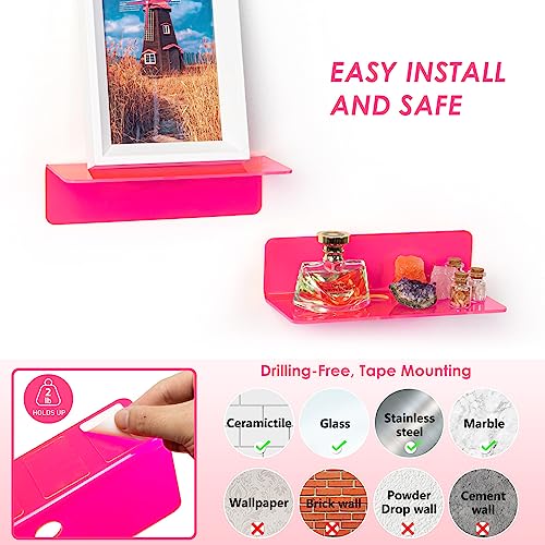 OAPRIRE Acrylic Floating Shelves Set of 2 - Easily Expand Wall Space - Small Wall Shelf with Strong Adhesive for Bedroom, Kids' Room, Bathroom, etc (Fluorescent Pink) - Image 4