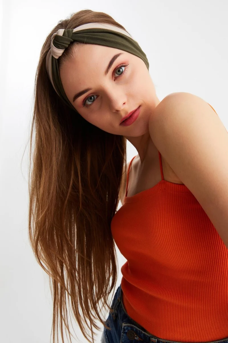 بوتيكجيز Beige-Khaki Women's Phenomen Style Cotton Combed Comb, Non-Slip, Soft, Flexible, Hair Band Bandana