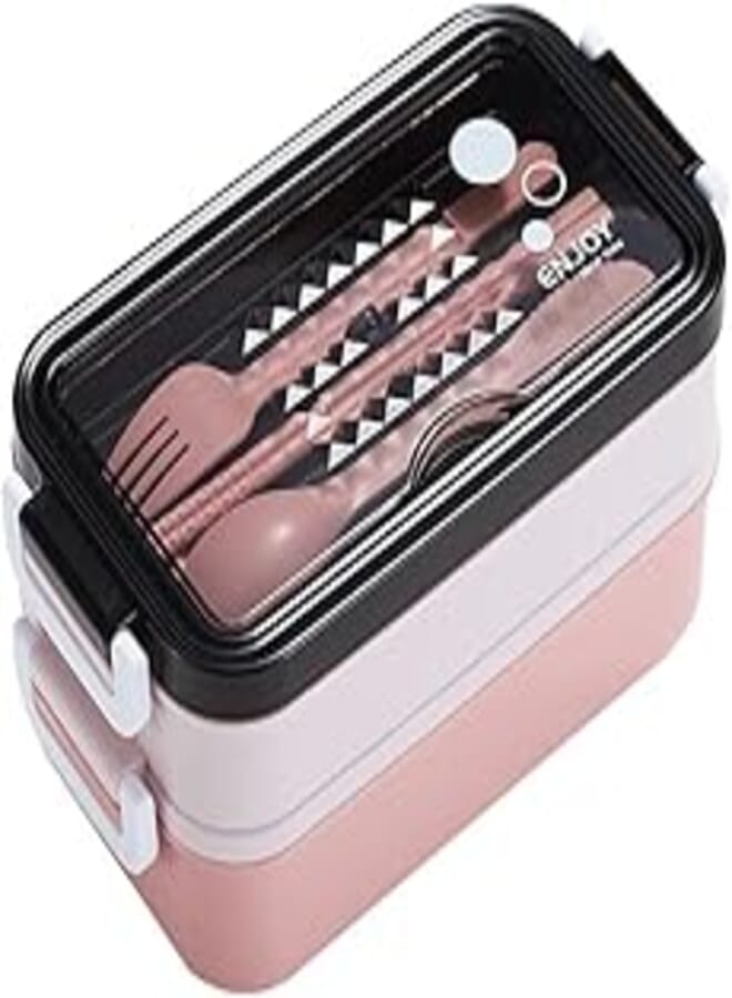 YumLock Leakproof Lunch Box for Adults & kids, Food grade safe material food container with 2 Compartments portion & 2 Dividers and cutlery set. Perfect for healthy lunches&snacks from home, Pink