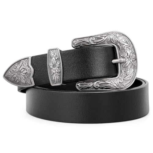 WERFORU Women Leather Belt for Jeans Pants Ladies Black Belt for Dress with Western Silver Buckle, Black,Medium(Length 43.3 Inches, Suit for waist size 27"-36")- - Image 1