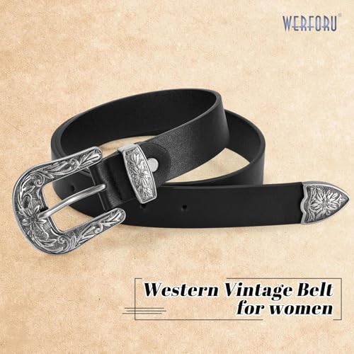 WERFORU Women Leather Belt for Jeans Pants Ladies Black Belt for Dress with Western Silver Buckle, Black,Medium(Length 43.3 Inches, Suit for waist size 27"-36")- - Image 4