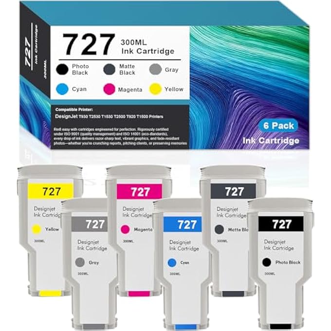 727 INK CARTRIDGE COMPATIBLE FOR HP 727 INK CARTRIDGE F9J79A C1Q12A F9J76A F9J77A F9J78A F9J80A FOR HP DESIGNJET T920 T930 T1500 T1530 T2500 T2530 6PACK*300ML(MATTE BLACK/PHOTO BLACK/GY/C/Y/M) - Image 1