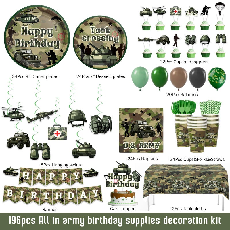 Fiesec Army Birthday Party Decorations Tableware Set, 196 PCs Camo Birthday Supplies with Plates, Napkins, Forks, Hanging Swirls, Banner, Tablecloth for Military Camouflage Party, Serves 24 Guests - Image 2