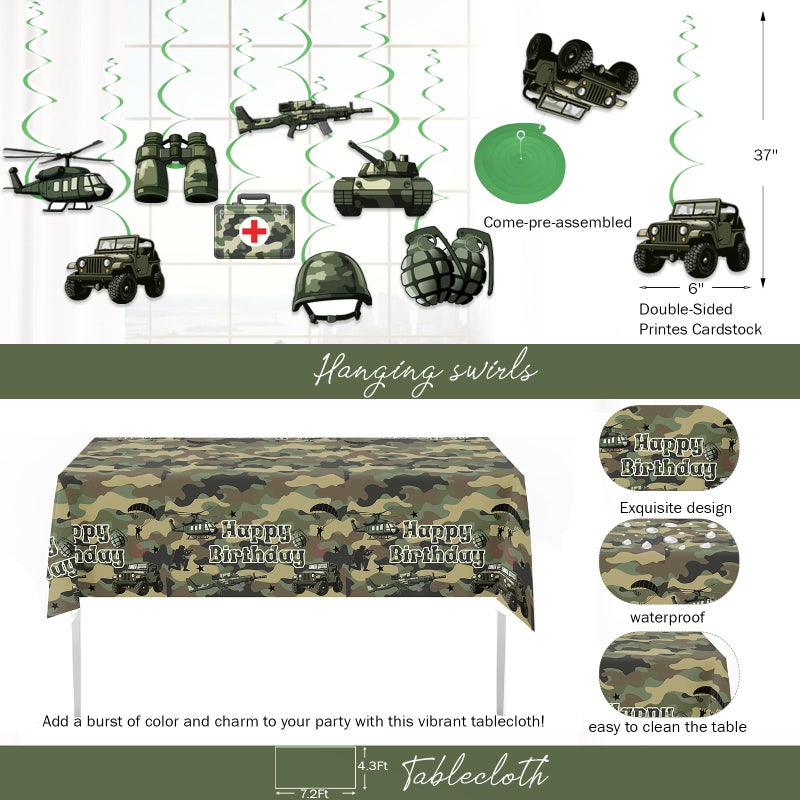 Fiesec Army Birthday Party Decorations Tableware Set, 196 PCs Camo Birthday Supplies with Plates, Napkins, Forks, Hanging Swirls, Banner, Tablecloth for Military Camouflage Party, Serves 24 Guests - Image 3