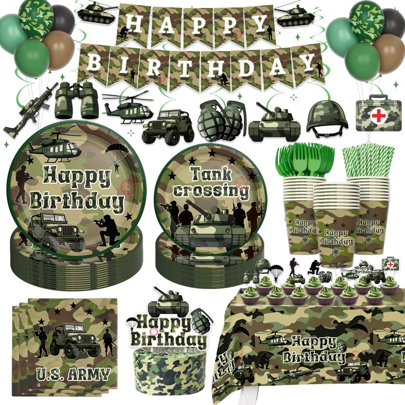 Fiesec Army Birthday Party Decorations Tableware Set, 196 PCs Camo Birthday Supplies with Plates, Napkins, Forks, Hanging Swirls, Banner, Tablecloth for Military Camouflage Party, Serves 24 Guests - Image 1