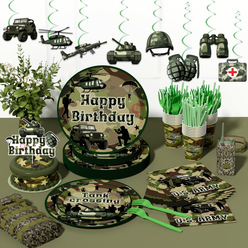 Fiesec Army Birthday Party Decorations Tableware Set, 196 PCs Camo Birthday Supplies with Plates, Napkins, Forks, Hanging Swirls, Banner, Tablecloth for Military Camouflage Party, Serves 24 Guests - Image 5