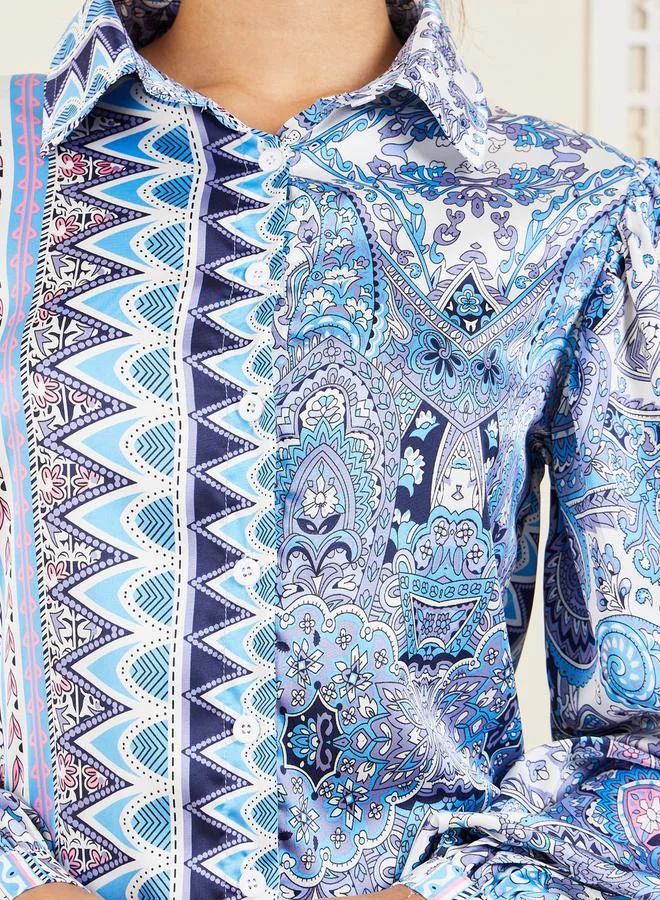 Styli Aztec Print Collared Shirt & Pintuck Wide Leg Pants Co-Ord