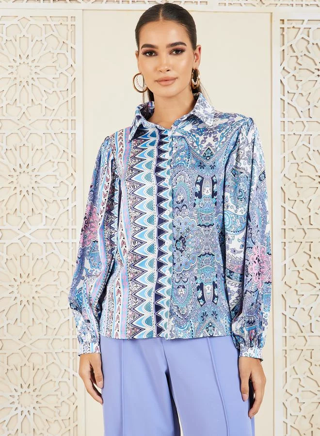 Styli Aztec Print Collared Shirt & Pintuck Wide Leg Pants Co-Ord