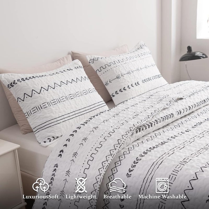 DURLENGEN 3Pcs Quilt Set California King Size,Soft Microfiber Lightweight Bedspread,Bohemian Design Geometric Pattern Coverlet for All Season Layering (112x104 inches, Boho White) - Image 4