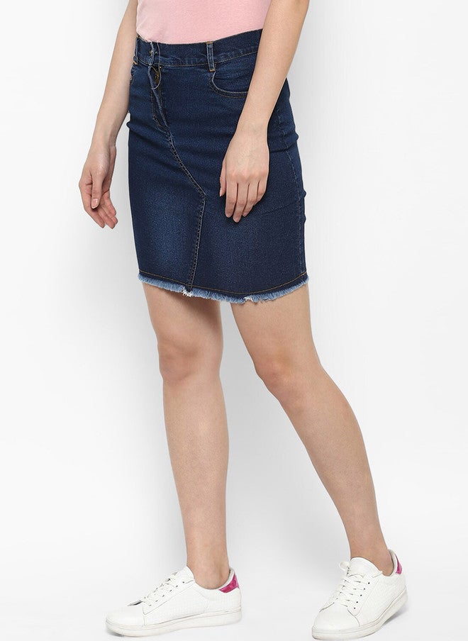 StyleStone Women Navy Blue Solid Mini Straight Denim Skirt - Image 3