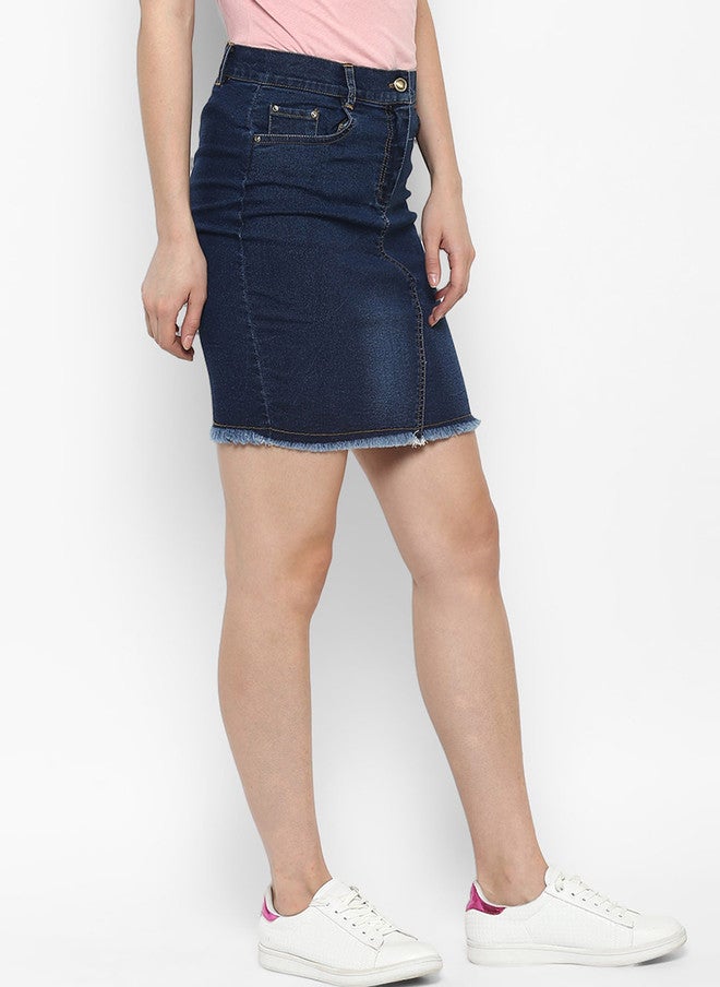StyleStone Women Navy Blue Solid Mini Straight Denim Skirt - Image 2