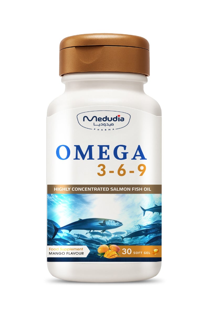 Medudia Omega 3-6-9 by Medudia Rich in Essential Fatty Acids (EPA, DHA, Linoleic Acid & Oleic Acid ) 1.38 g,  30 Soft gel Capsules with Natural Mango Flavor. - Image 2
