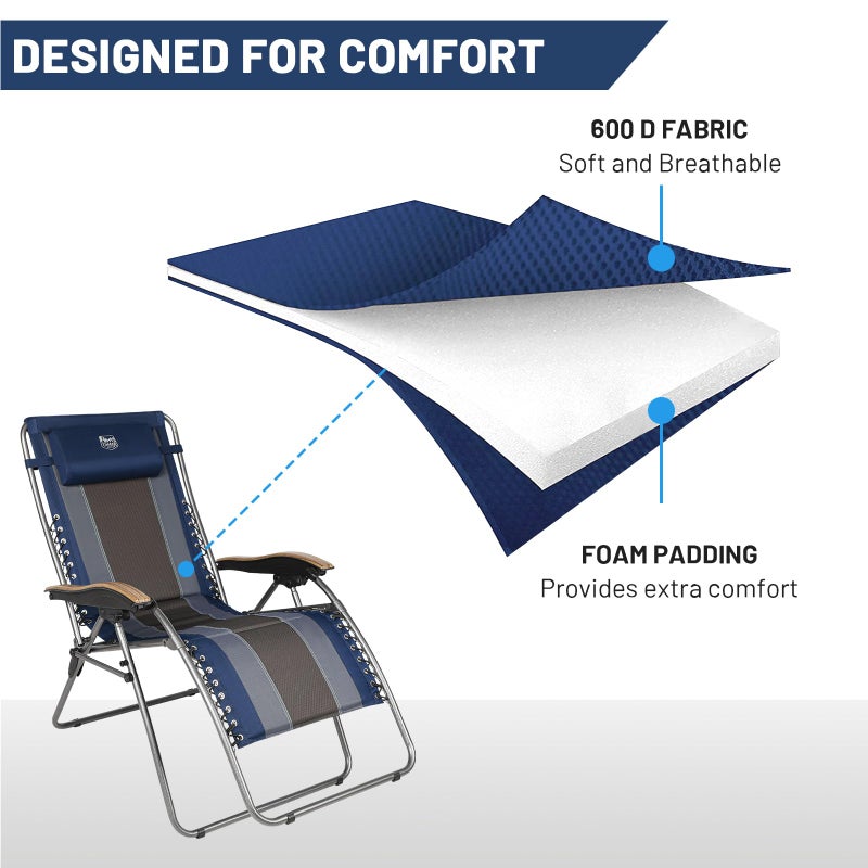TIMBER RIDGE Outdoor Reclining Patio Padded with Adjustable Headrest and Cup Holder Foldable Zero Gravity Lawn Chair XL for Adults, Support up to 350 LBS, Blue - Image 4