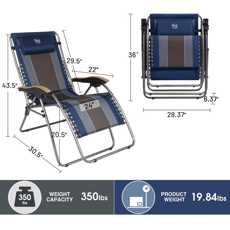 TIMBER RIDGE Outdoor Reclining Patio Padded with Adjustable Headrest and Cup Holder Foldable Zero Gravity Lawn Chair XL for Adults, Support up to 350 LBS, Blue - Image 3