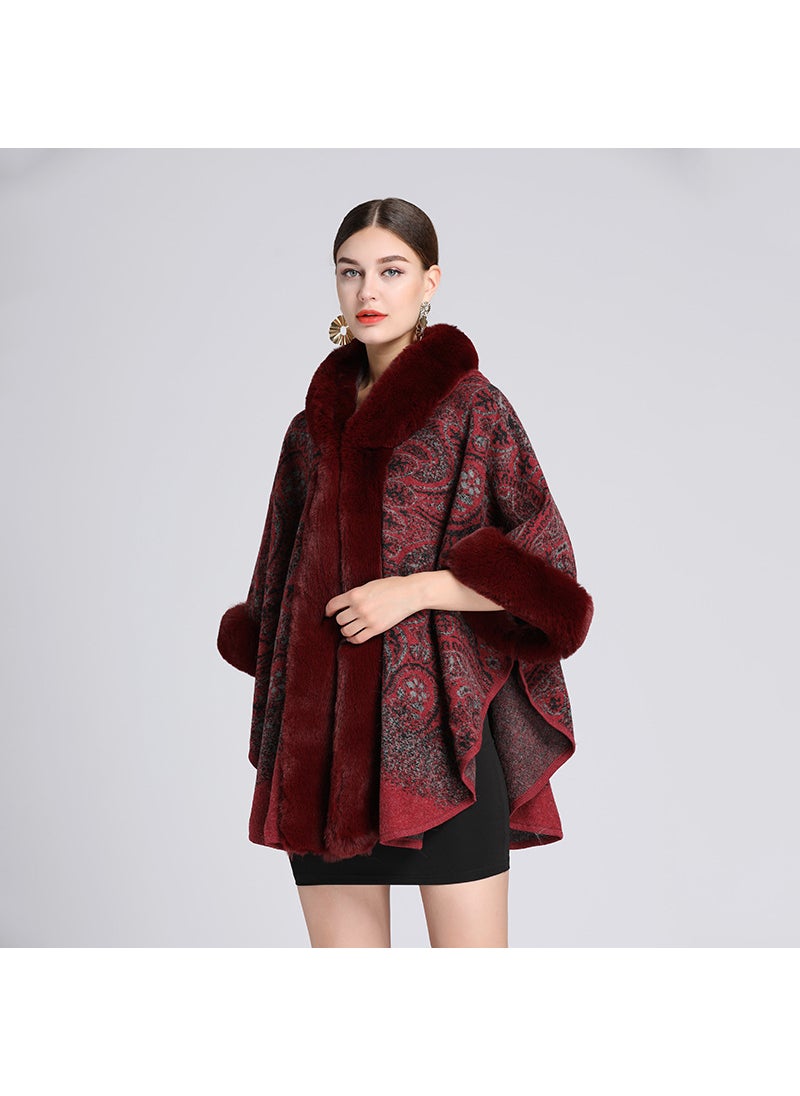 Generic - Autumn/winter New Style European American Fashion Rabbit Fur Collar Jacquard Hooded Shawl Woolen Jacket Cardigan For Women wine red - Image 1