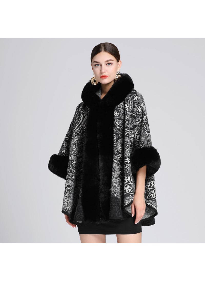 Generic - Autumn/winter New Style European American Fashion Rabbit Fur Collar Jacquard Hooded Shawl Woolen Jacket Cardigan For Women wine red - Image 1
