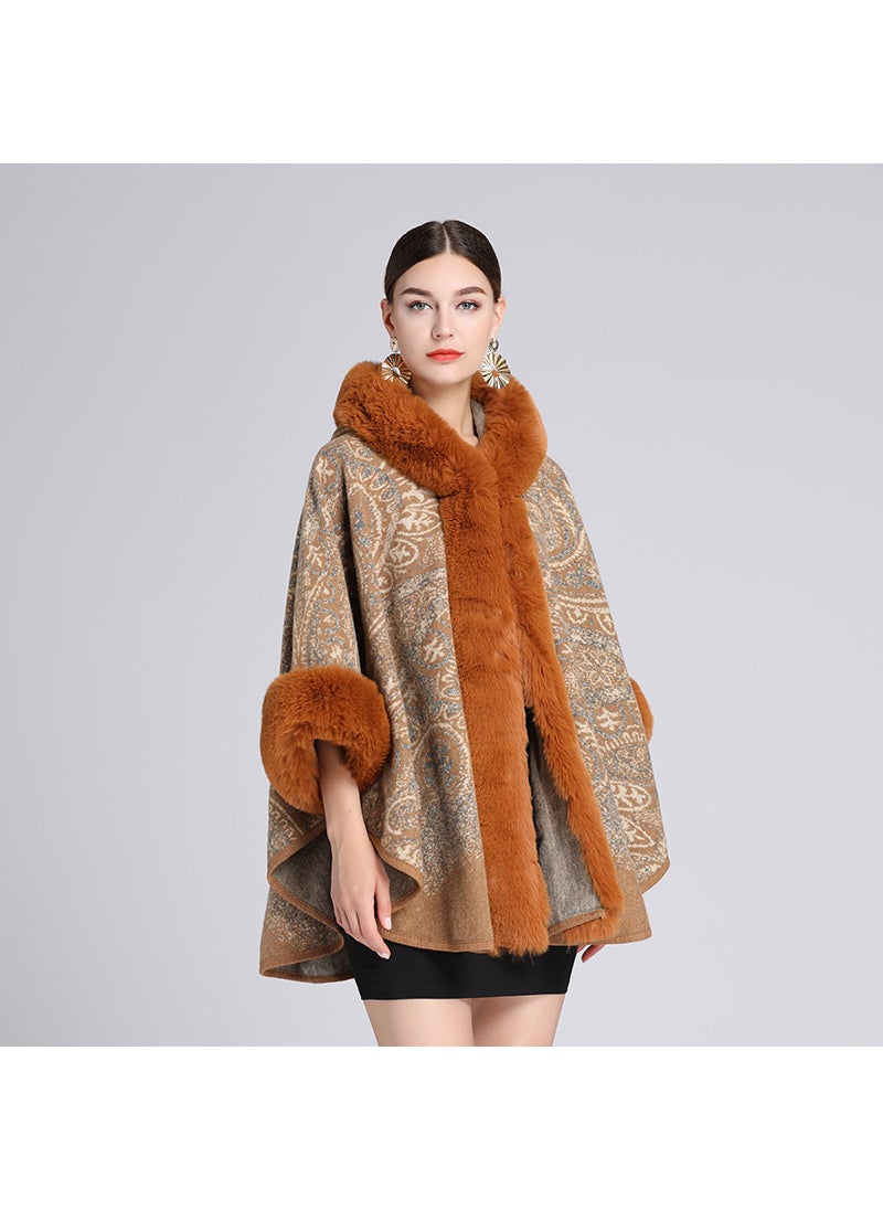 Generic - Autumn/winter New Style European American Fashion Rabbit Fur Collar Jacquard Hooded Shawl Woolen Jacket Cardigan For Women wine red - Image 1