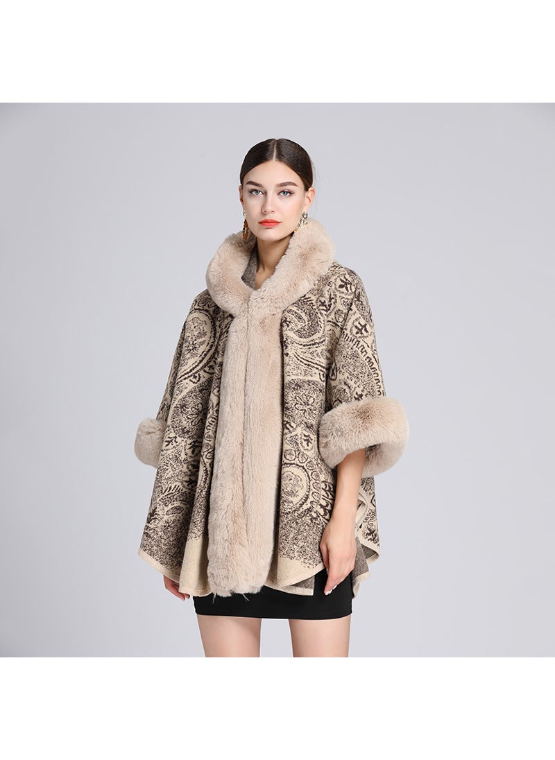 Generic - Autumn/winter New Style European American Fashion Rabbit Fur Collar Jacquard Hooded Shawl Woolen Jacket Cardigan For Women wine red - Image 1