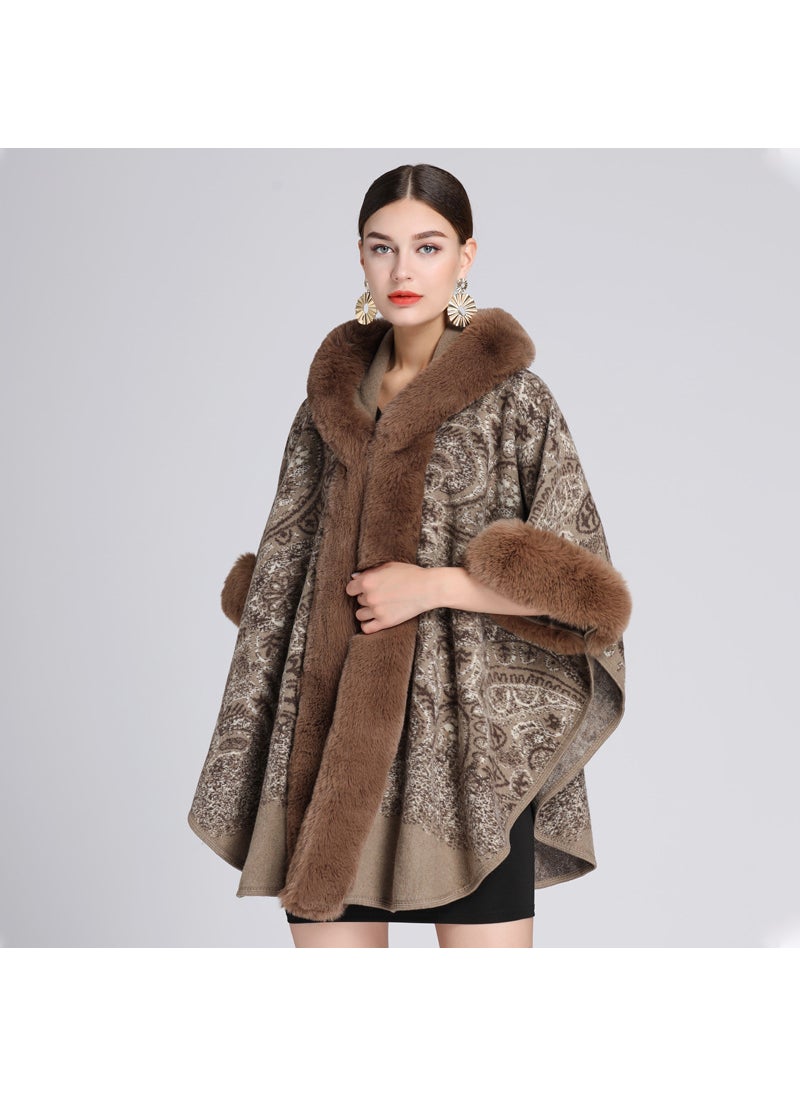 Generic - Autumn/winter New Style European American Fashion Rabbit Fur Collar Jacquard Hooded Shawl Woolen Jacket Cardigan For Women wine red - Image 1